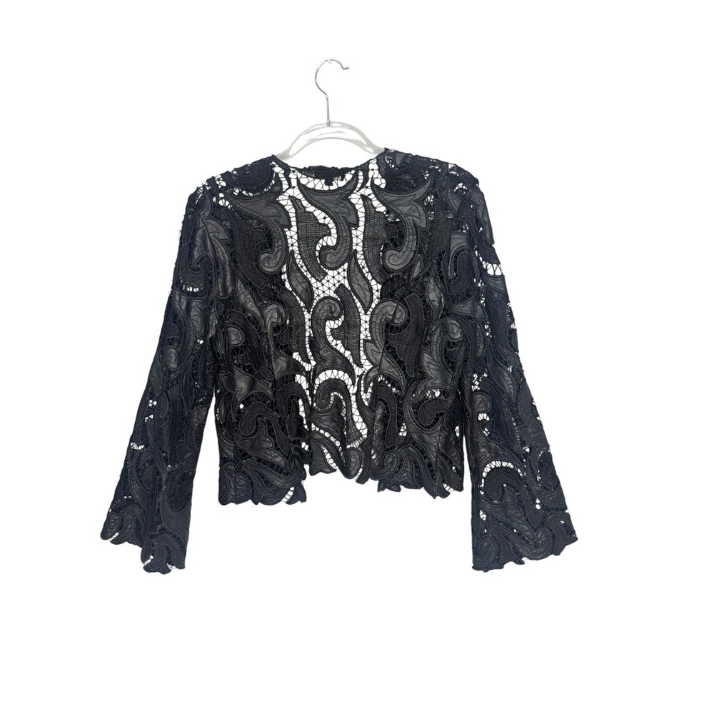 Isabel Black Lace Open Front Jacket Bell Sleeves Faux Leather Whimsigoth Witchy